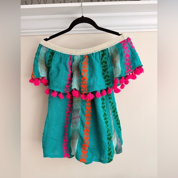 Judith March Women Size Small Blue Serape Boho Tassel Off The Shoulder blouse - Picture 2 of 5